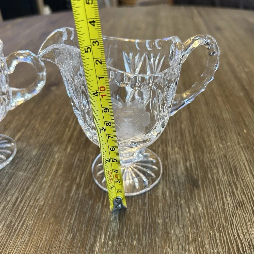 Vintage Cut Crystal Creamer & Covered Sugar Bowl Set Etched Rose Footed Floral